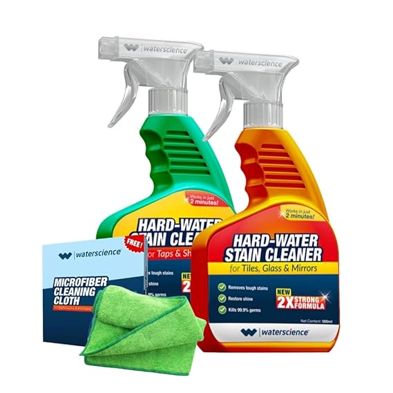 Click to see full view   VIDEO     4+ WaterScience Quick Hard Water Stain Remover Spray Combo (1L)+ Free Wipes (Pack of 10) | Limescale Remover for Bathroom & Kitchen Shower, Taps Cleaner | All Purpose Descaler for Glass Mirrors & Tiles