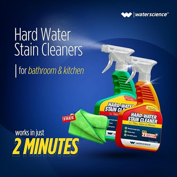 Click to see full view   VIDEO     4+ WaterScience Quick Hard Water Stain Remover Spray Combo (1L)+ Free Wipes (Pack of 10) | Limescale Remover for Bathroom & Kitchen Shower, Taps Cleaner | All Purpose Descaler for Glass Mirrors & Tiles
