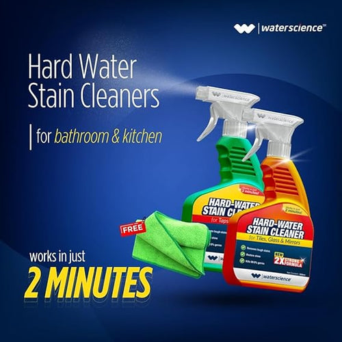Click to see full view   VIDEO     4+ WaterScience Quick Hard Water Stain Remover Spray Combo (1L)+ Free Wipes (Pack of 10) | Limescale Remover for Bathroom & Kitchen Shower, Taps Cleaner | All Purpose Descaler for Glass Mirrors & Tiles