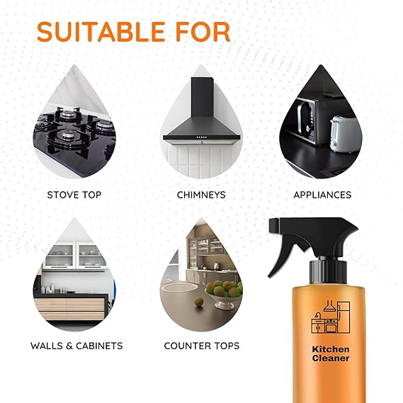 Kitchen Cleaner Spray, Orange Scented, Non-Toxic Natural Formula, 500ml, with Spray Nozzle for Stoves, Chimneys, Countertops, Appliances